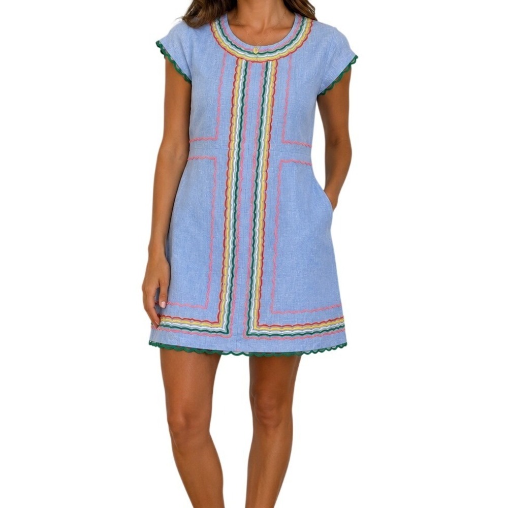 Boden Laura Linen Embroidered BLUE Scallop Shift Dress US 12